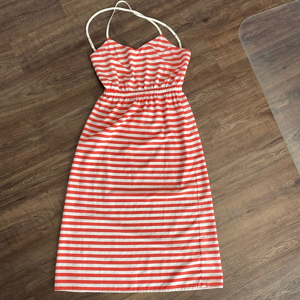 Satin/ silk polyester- orange cream white stripe dress